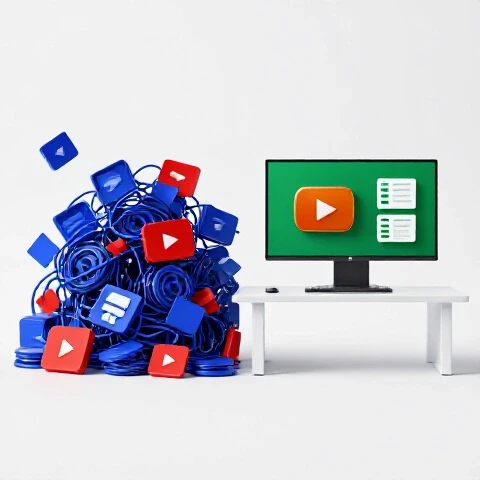 Dynamic split-screen shows chaotic cluttered workspace fading into clean organized setup with bright contrast.