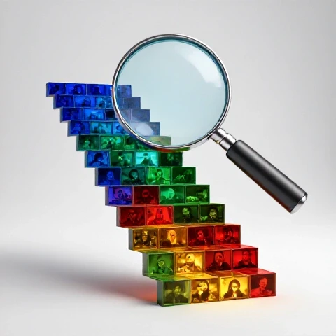 Dynamic upward staircase of vibrant video thumbnails with a magnifying glass highlighting real YouTube growth data.
