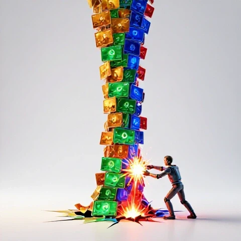 Vibrant stream of colorful video thumbnails with energy leaking from cracks and a robotic arm patching them, set on a bright studio background.