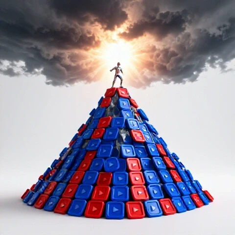 Abstract figure climbs steep mountain of glossy video play buttons as light bursts through dark clouds above.