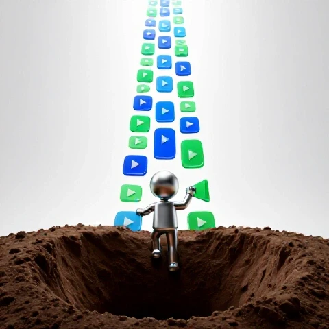 A vibrant YouTube play button climbs from a dark rut toward a glowing path lined with video icons.