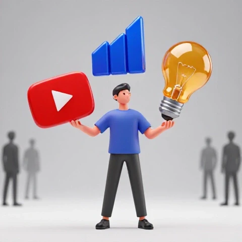 Confident figure juggles vibrant YouTube camera, analytics graph, and light bulb icons in a bright studio workspace