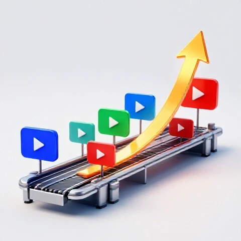 Dynamic assembly line with vibrant play buttons and video icons advancing upward beside a glowing arrow, all on a bright studio background.