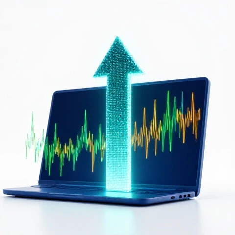 Vibrant upward arrow made of glowing data points emerging from a blue computer screen with analytic graphs behind.