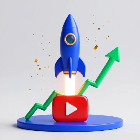 Rocket launching from red video play button with rising graph and gold confetti on a bright background