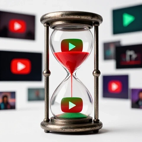 A metallic hourglass with vibrant YouTube play buttons flowing through it, framed by both faded and glowing video thumbnails on a bright studio background.
