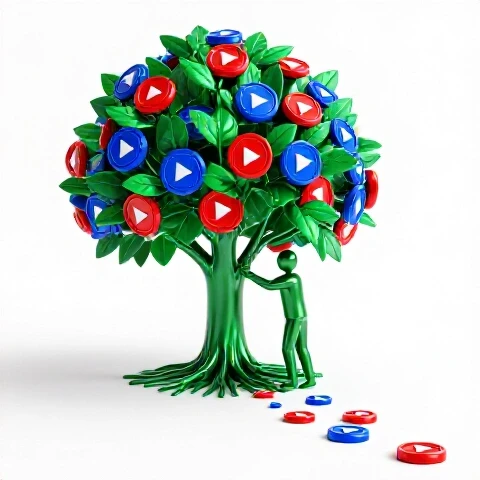 Confident person tending a vibrant tree made of colorful video play buttons with a trail of fading icons.