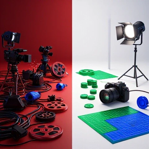 Split scene of chaotic video gear on one side and organized, efficient video setup with coins on the other