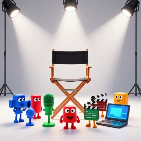 Director's chair spotlighted in studio, surrounded by colorful animated video tools ready for selection.