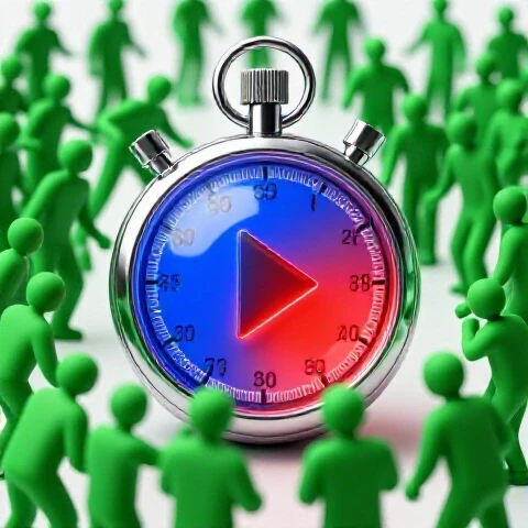 A metallic stopwatch transforming into a luminous play button, surrounded by an eager, abstract crowd on a bright background.
