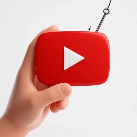 Hand pulling a giant red YouTube play button with a fishing hook against a pure white background, dramatic close-up.