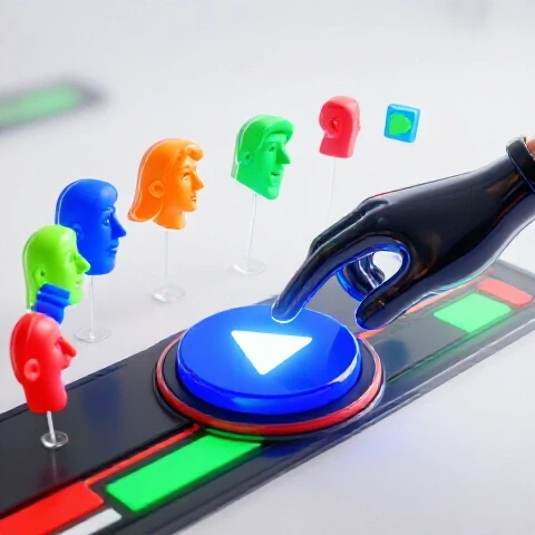 Dramatic stylized hand poised to press a glowing play button as bold colored faces lean in with anticipation.