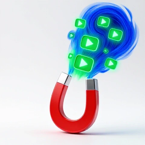 Central magnet pulling glowing video play buttons from swirling vortex on bright white background, vibrant colors