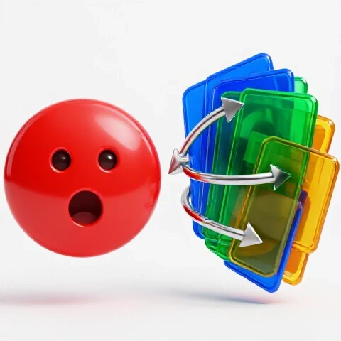 Split-image with glossy shocked emoji button and vivid video thumbnails with arrows on white background
