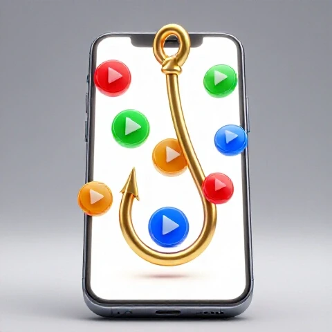 A golden fishhook catches colorful play buttons streaming from a glowing smartphone on a bright background.