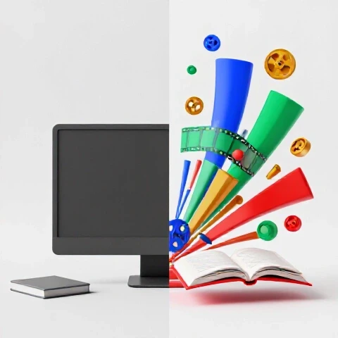 Split scene showing dull static tutorial setup transforming into vibrant dynamic storytelling visuals on a bright background.