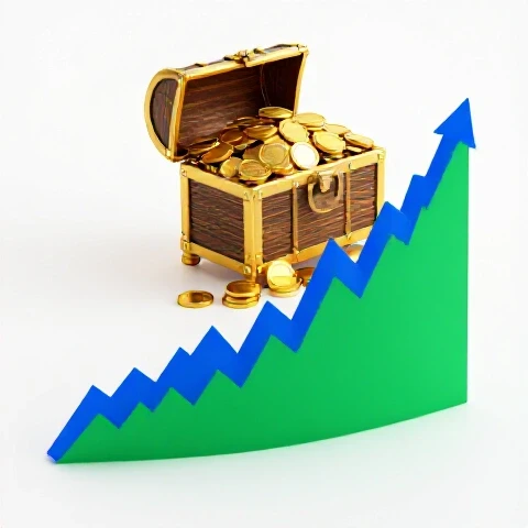 A vibrant timeline graph morphs into a gold-filled treasure chest, set on a luminous white background.