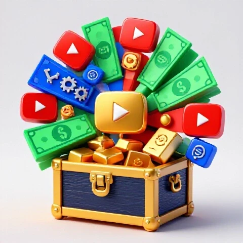 A central treasure chest overflowing with bold, colorful YouTube icons and dollar bills, radiating from a gold play button on a bright, white background.