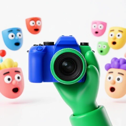 A bright studio scene of a vivid hand holding a camera toward lively abstract audience masks.