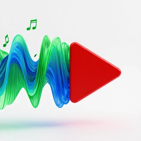 Split-screen image with a vibrant video play button emitting musical notes and waveforms on one side, and a muted play button in a quiet, plain setting on the other.