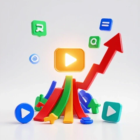 Vibrant search icons and arrows flow upward toward a glowing video play button on a bright studio background.