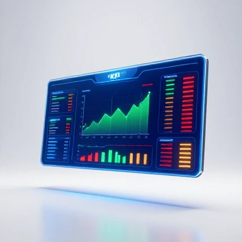 Futuristic glowing KPI dashboard with vibrant charts and graphs on a sleek surface, center-staged for business growth.