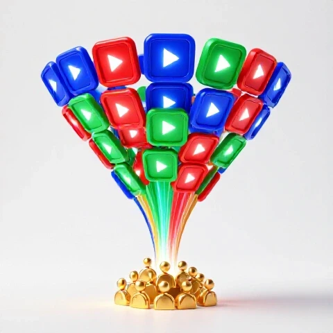 Glowing play buttons form a funnel channeling vibrant light toward golden user icons on a bright background.