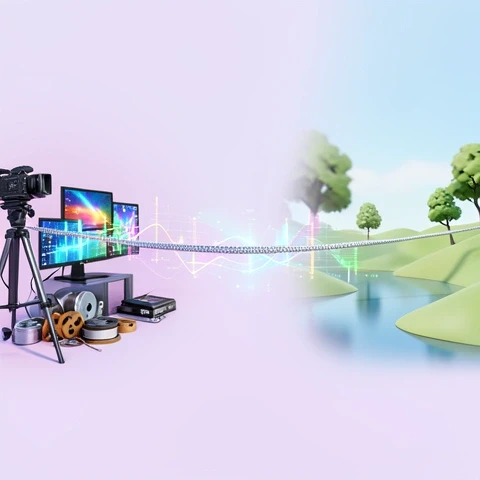 3D split scene with a metallic tightrope connecting a chaotic video studio and serene nature, luminous data graphs flowing between them, on a bright pastel background.