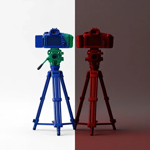 Split-screen camera rig in vibrant and shadowy lighting, bold colors contrast on white studio background.