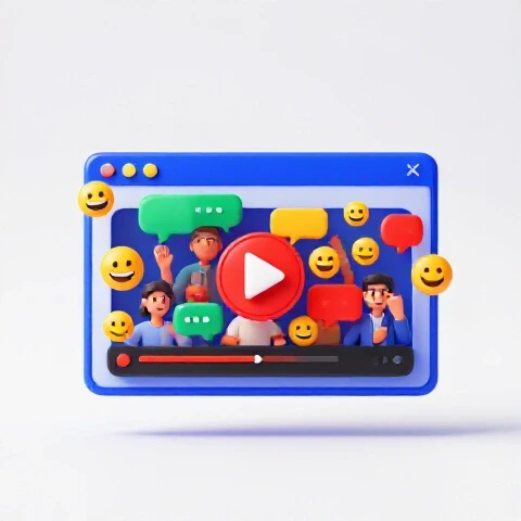 A vibrant live chat window with colorful emojis and reaction icons bursting over a YouTube video player, set on a bright background.