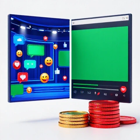 Split-screen: animated live audience symbols and chat reactions contrast with polished video stacks and metallic coins on bright background.