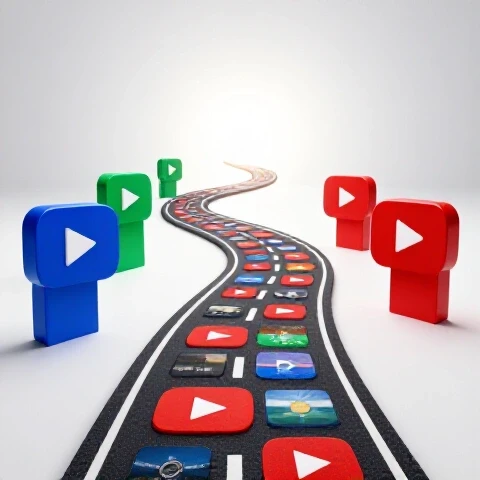 A colorful winding road of video thumbnails leads toward a glowing horizon, marked with bold milestones symbolizing progress.