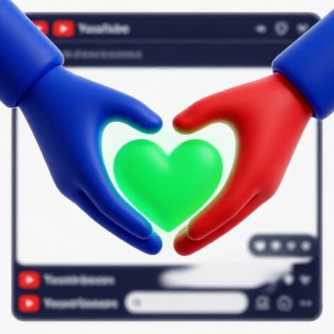 Two stylized hands exchange a glowing heart over a vibrant YouTube comment interface on a bright background.
