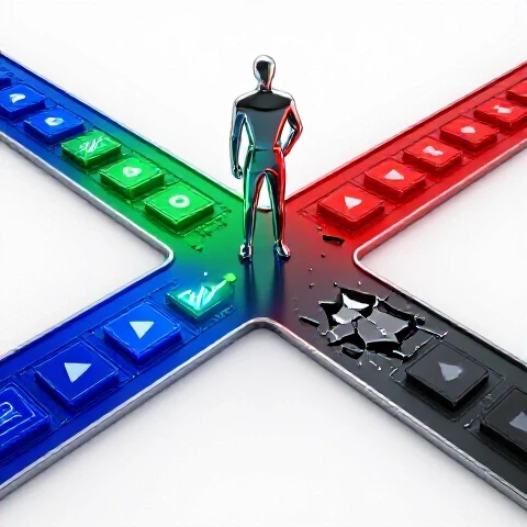 A symbolic creator stands at a crossroads with one path leading to vibrant video icons, the other to broken play symbols, all on a glossy white background.