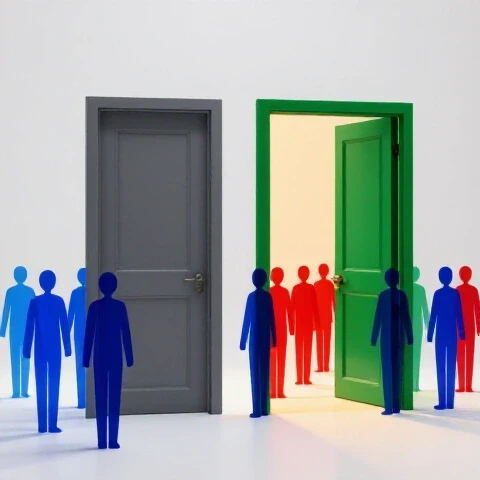 Split scene with dull closed door ignored by stylized figures and a vibrant open door attracting a crowd in a bright studio setting.