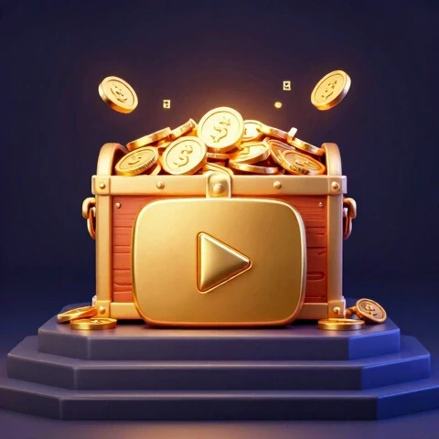 3D-rendered treasure chest overflowing with glowing coins and digital icons, guarded by a golden play button atop steps, centered with clean edges.