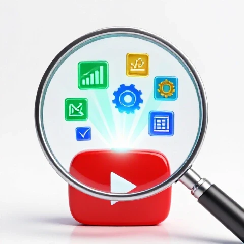 Magnifying glass illuminating vibrant data icons on a glowing YouTube play button in a bright studio scene