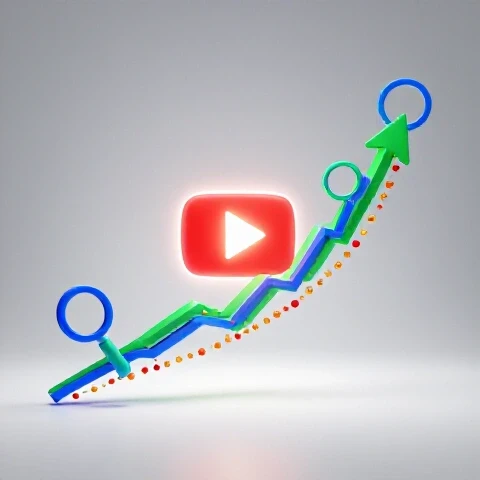 Glowing YouTube play button with vibrant upward graph and magnifying glasses analyzing data points on a bright background.