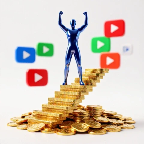 Abstract figure stands atop a golden coin staircase with YouTube icons in a bright studio setting.