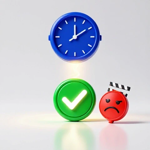 A large glowing approval button, looming clock, and a stylized frustrated creator symbol beside a bright path on a clean white background.