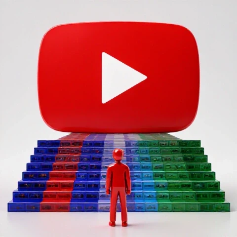 A staircase of colorful video thumbnails leads to a giant glowing YouTube play button as paths fade behind.