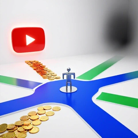 A crossroads with golden coin path leading to a glowing YouTube play button and a shadowed alternate path.
