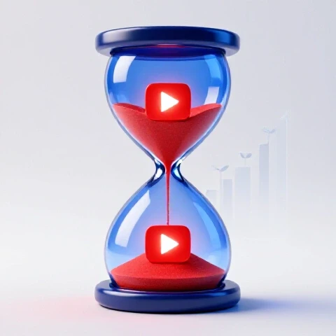 Centered hourglass filled with glowing red and blue play buttons, set on a bright white background with subtle digital growth symbols.