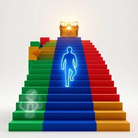 Vivid video thumbnail staircase leads to a glowing treasure chest, symbolizing YouTube success and hope.