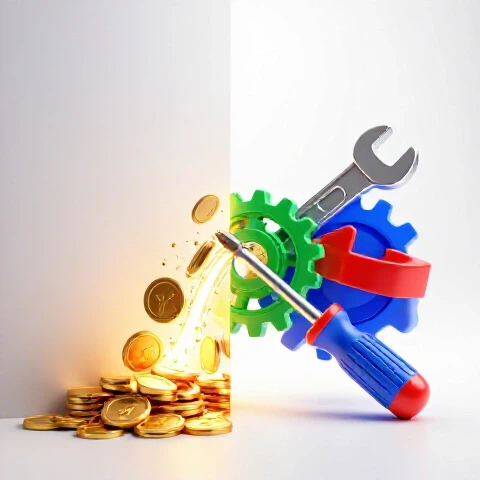 Dramatic split image with gold coins blocked by a wall and tools repairing the flow in YouTube colors