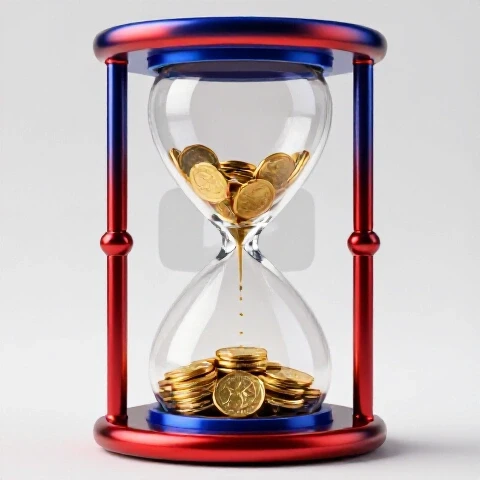 Hourglass with golden coins slipping away in front of a faded YouTube play button on a bright background.