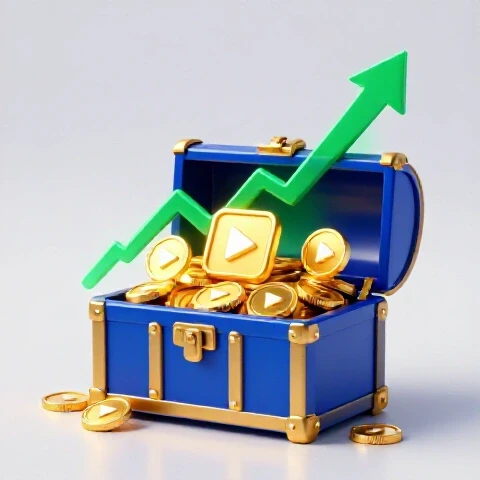 Open treasure chest with glowing gold coins and video play icons, backed by a rising graph on a bright studio background
