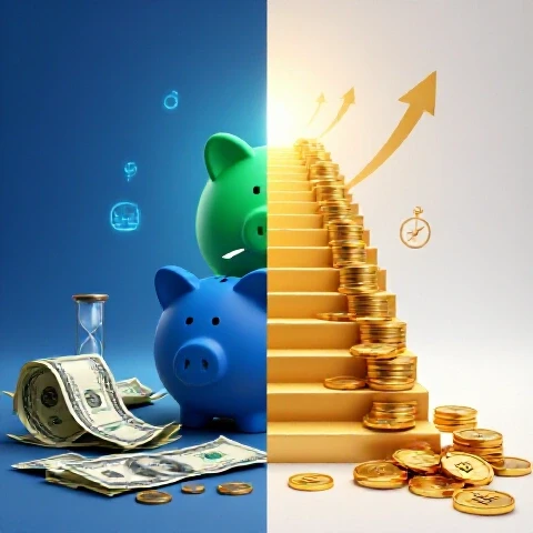 Split image of failed YouTube monetization with scattered bills versus a golden path of coins and growth symbols