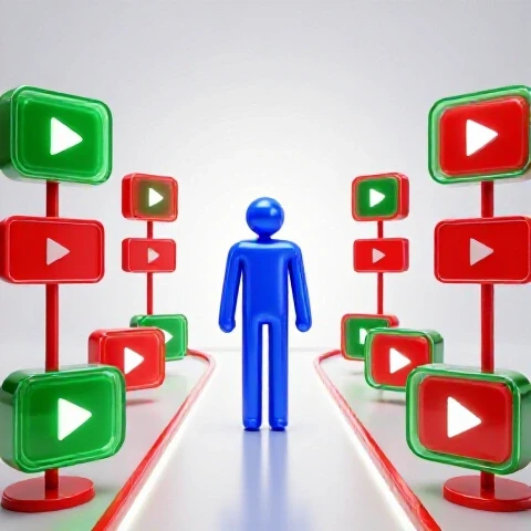 Abstract figure navigates a bright path lined with bold warning signs and YouTube icons, highlighting safe monetization strategies.