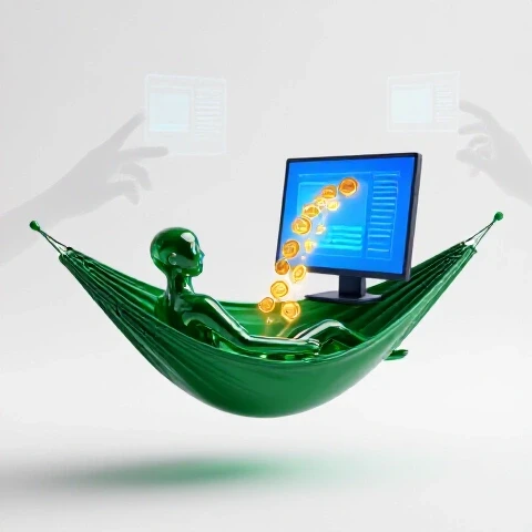 A stylized figure relaxes in a green hammock as glowing coins flow from a blue computer screen, shadowy hands editing in the background.